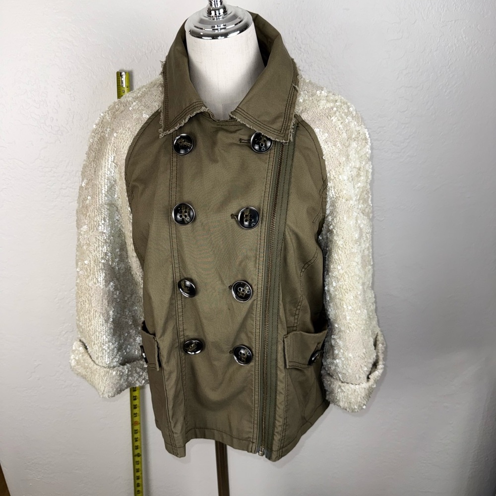 Anthropologie HEI HEI Sequin Sleeve Military Trench Jacket Size‎ Small Chic Army